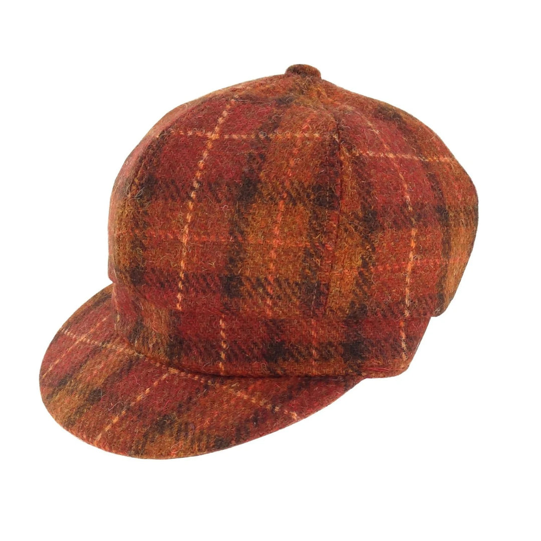 Glen Appin Ladies Harris Tweed Bakerboy Cap Brown Orange Check