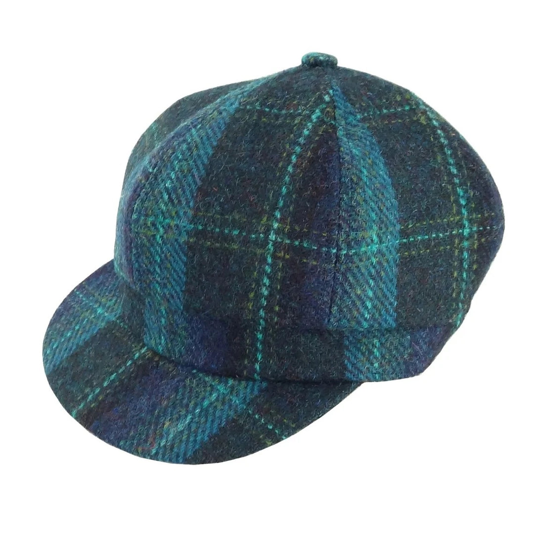 Glen Appin Ladies Harris Tweed Bakerboy Cap Blue Turquoise Check