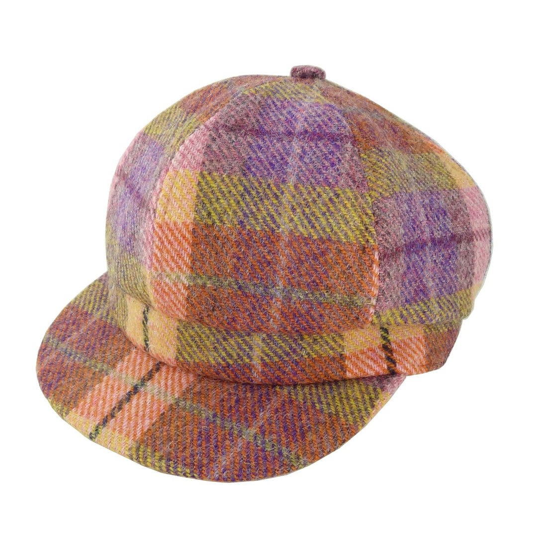 Glen Appin Ladies Harris Tweed Bakerboy Cap Peach Purple Tartan