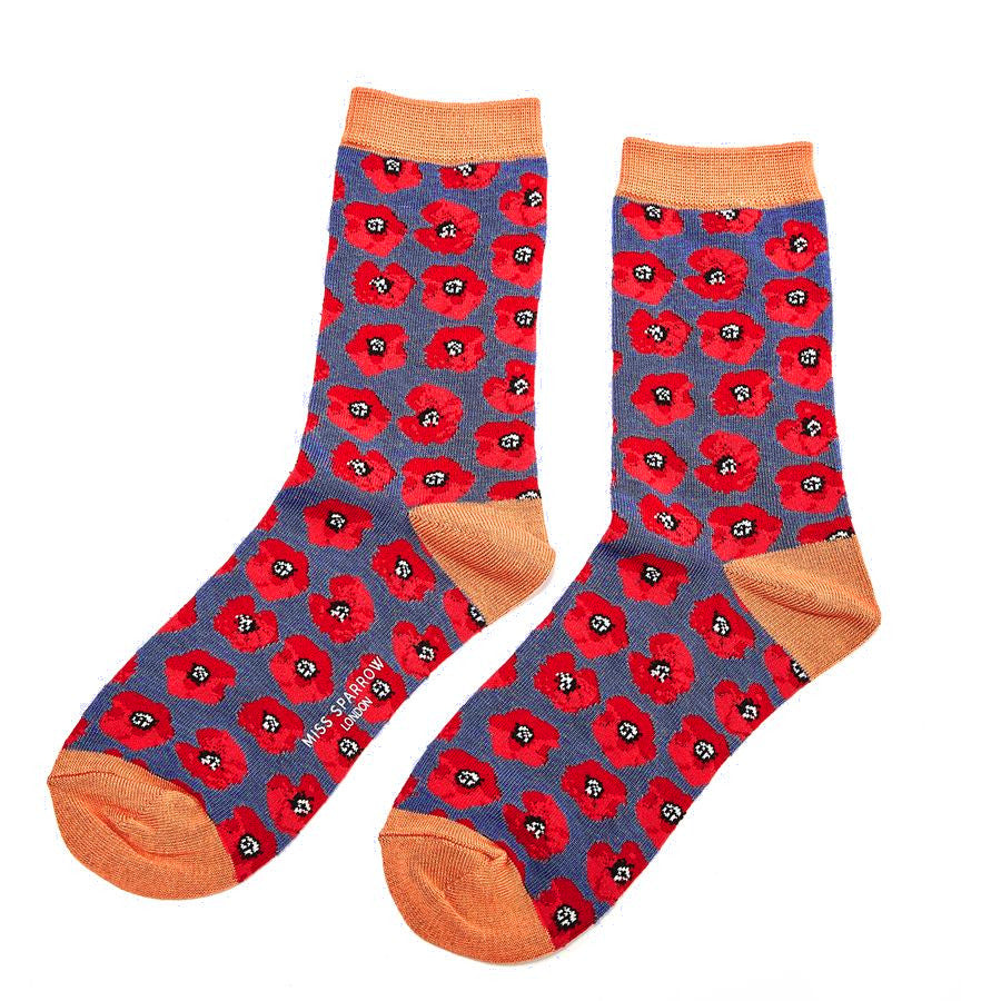 Miss Sparrow Bamboo Poppy Flower Socks (Navy)
