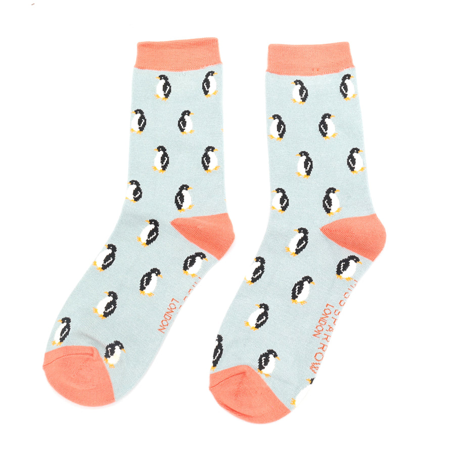 Miss Sparrow Bamboo Little Penguins Socks In Duck Egg