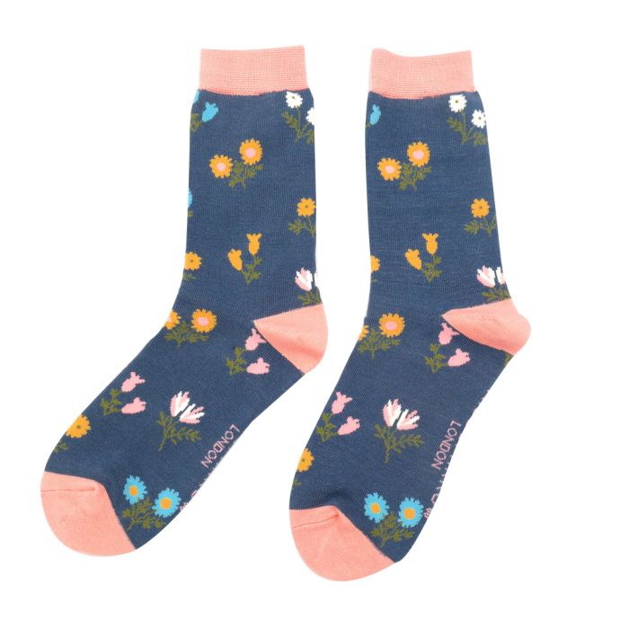 Miss Sparrow Bamboo Dainty Floral Socks (Navy)