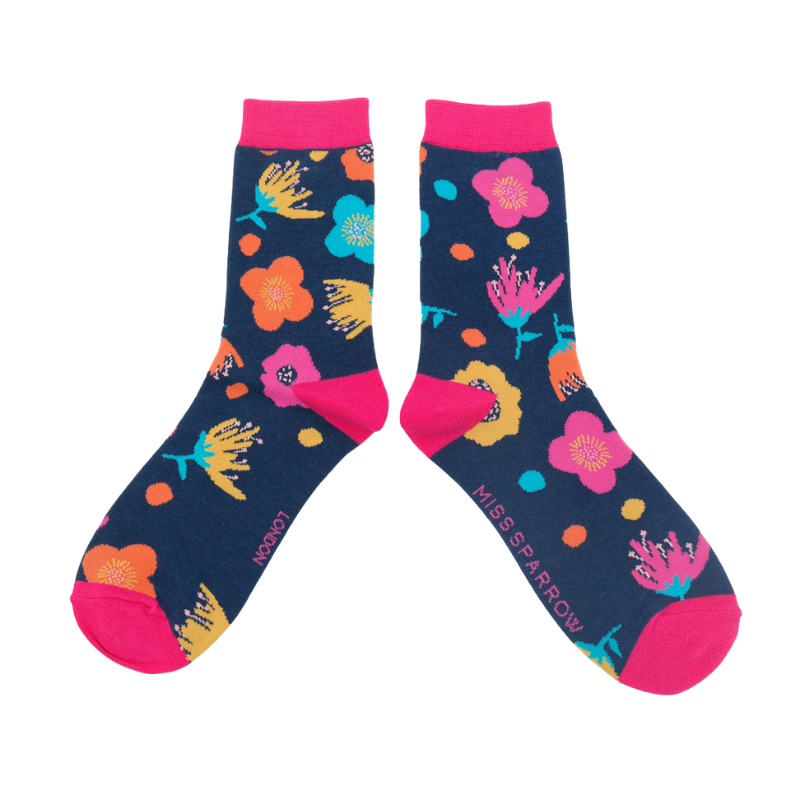 Miss Sparrow Bamboo Modern Floral Socks In Navy