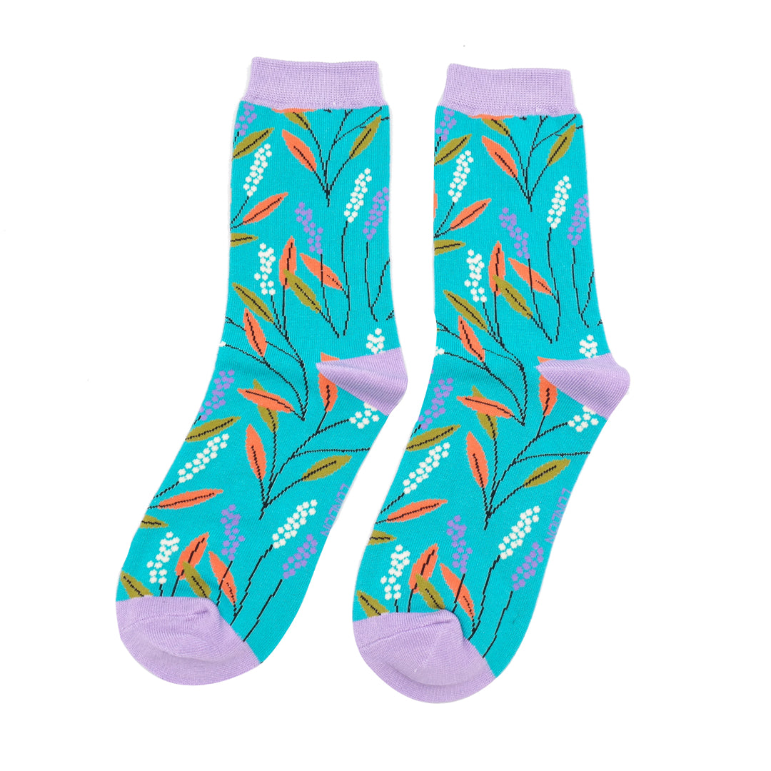 Miss Sparrow Bamboo Berry Branches Socks In Turquoise