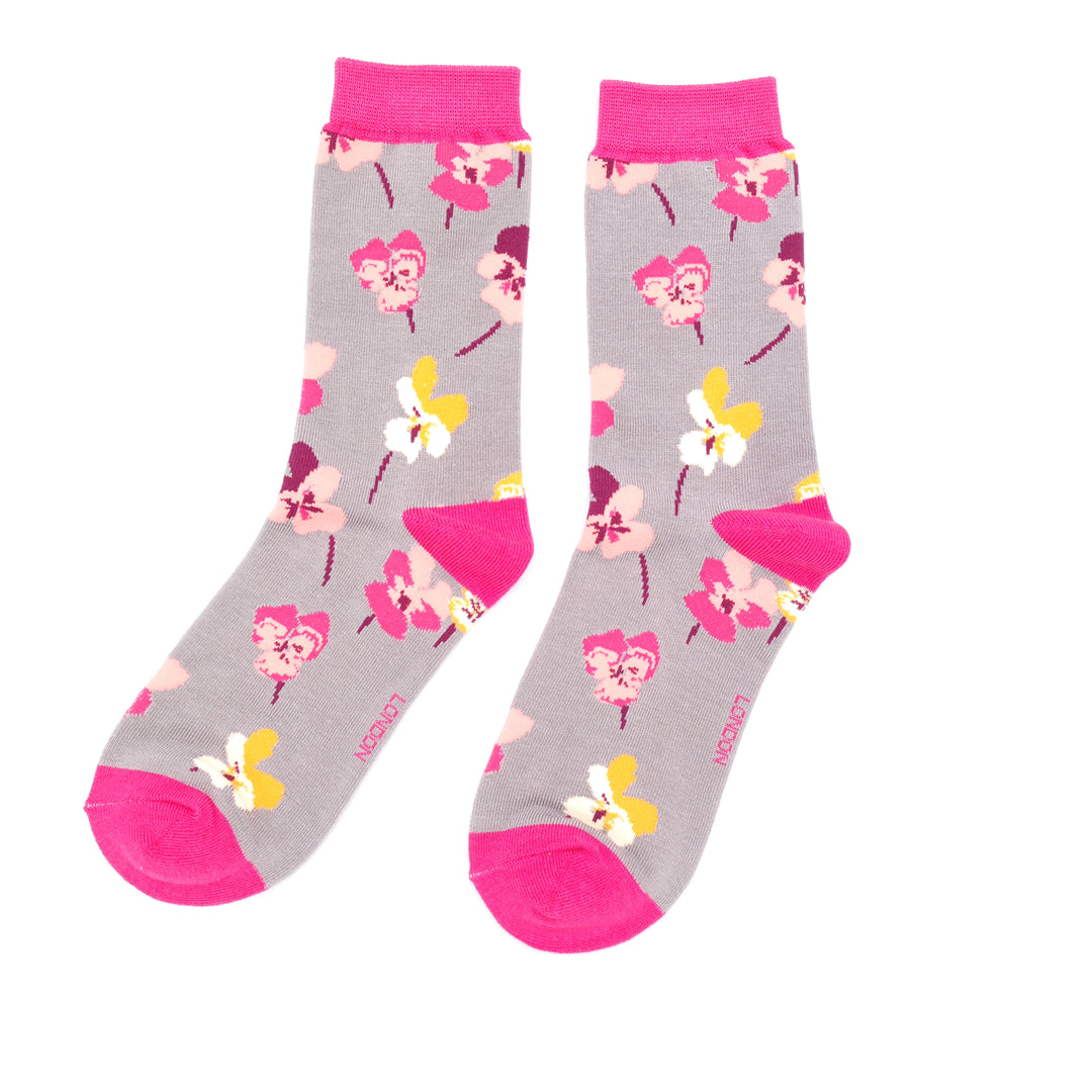 Miss Sparrow Bamboo Viola Flower Socks (Grey)