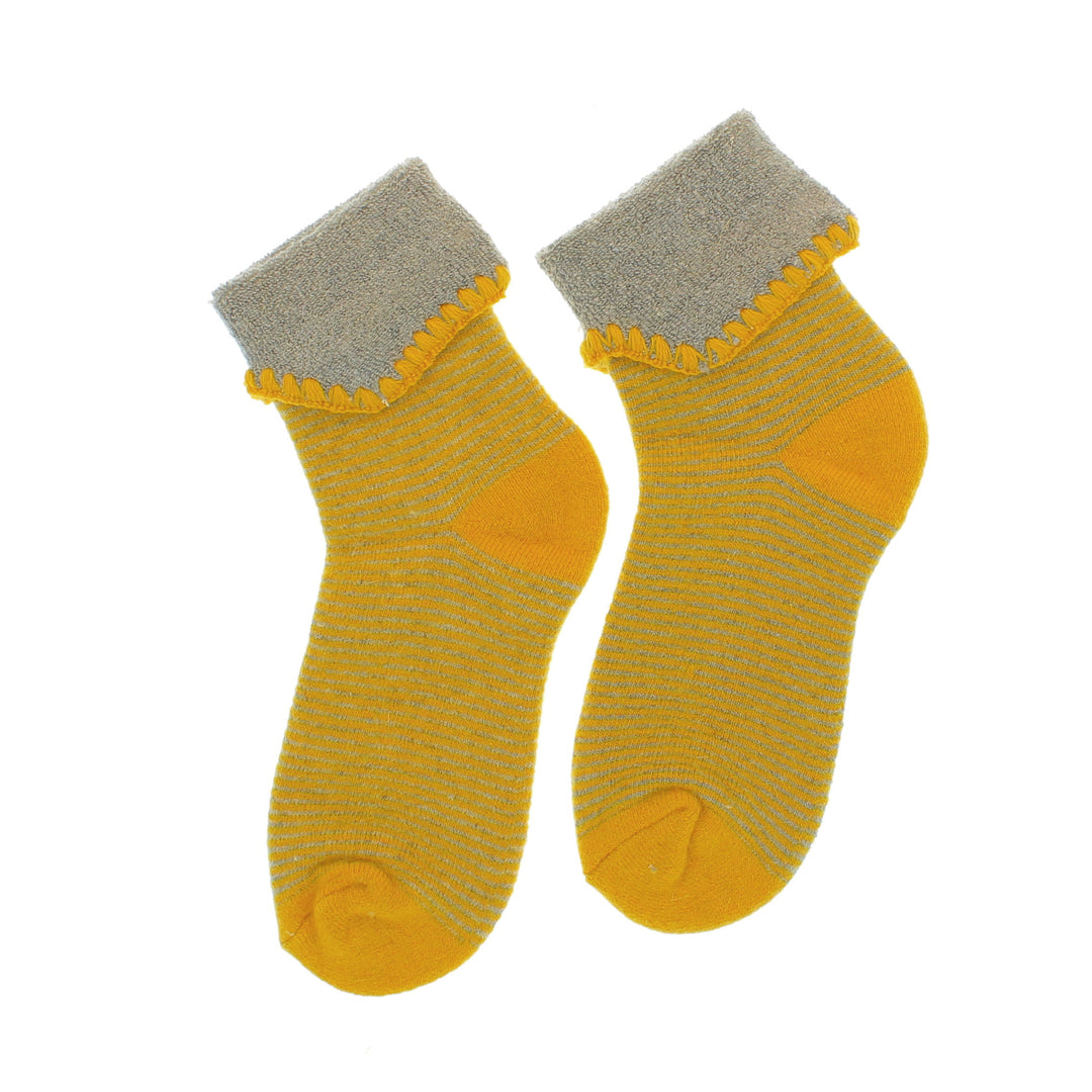 Cosy Cute Cuffed Stripe Socks Yellow/Grey