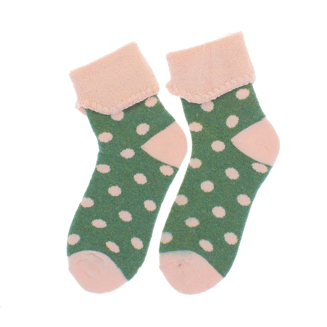 Cosy Cute Cuffed Spotty Socks Green/Pink