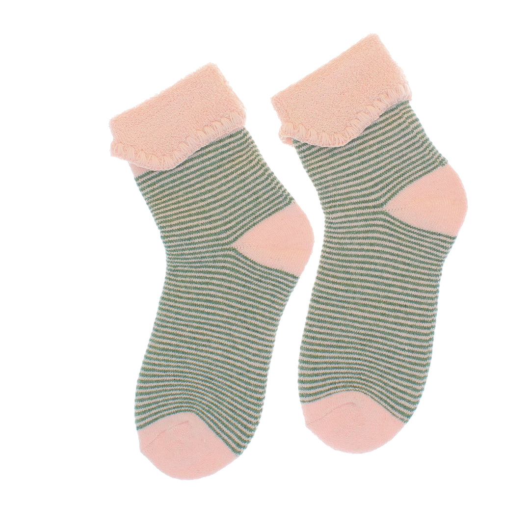 Cosy Cute Cuffed Stripe Socks Green/Pink