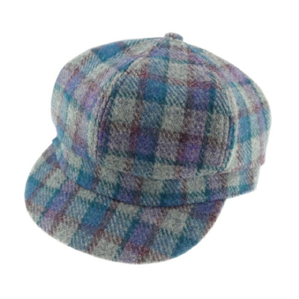 Glen Appin Ladies Harris Tweed Bakerboy Cap Blue Purple Check