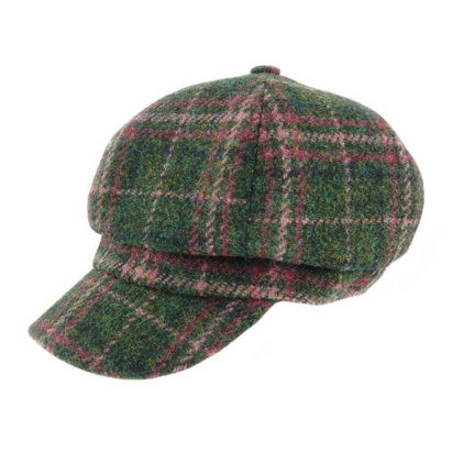 Glen Appin Ladies Harris Tweed Bakerboy Cap Green Plum Check