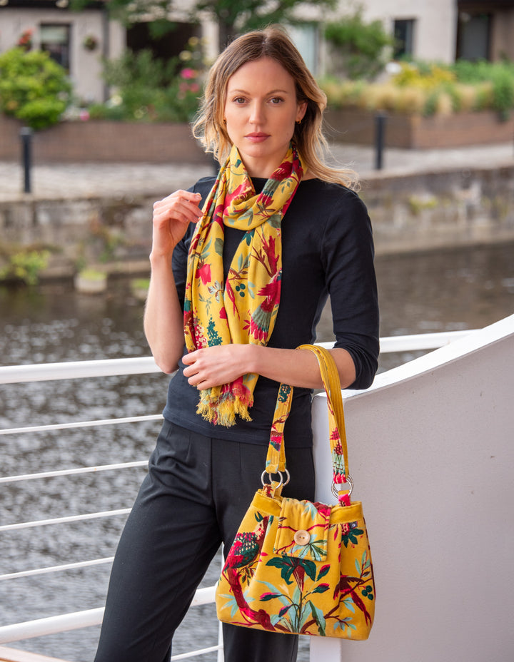 Ava Mustard Velvet Botanical Print Handbag by Earth Squared