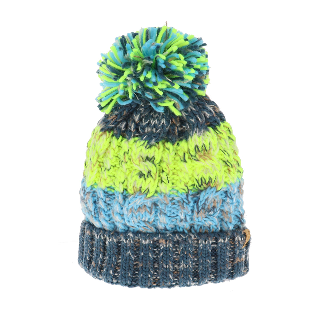 Colourful Ladies Chunky Knit Bobble Hat Fleece Lined (Blue/Yellow)