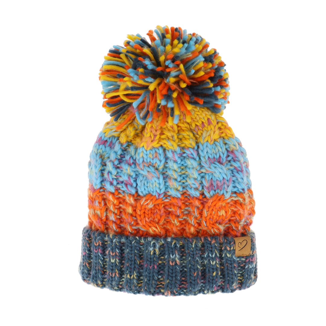 Colourful Ladies Chunky Knit Bobble Hat Fleece Lined (Orange/Yellow/Blue)