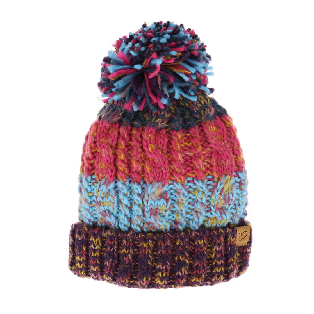 Colourful Ladies Chunky Knit Bobble Hat Fleece Lined (Purple/Blue)