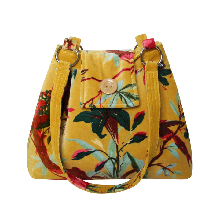 Ava Mustard Velvet Botanical Print Handbag by Earth Squared