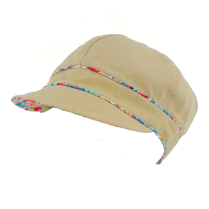 Ladies Cotton Sun Cap With Floral Printed Trim In Stone