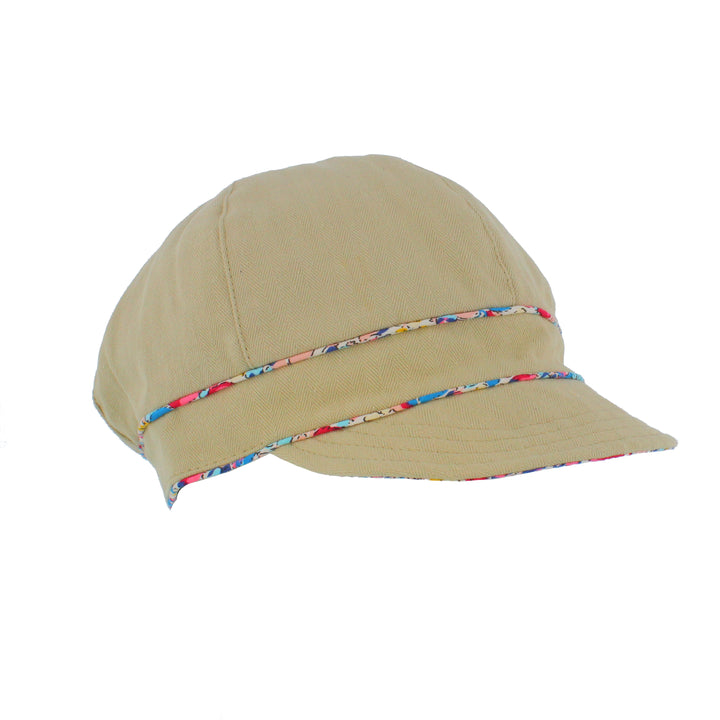 Ladies Cotton Sun Cap With Floral Printed Trim In Stone