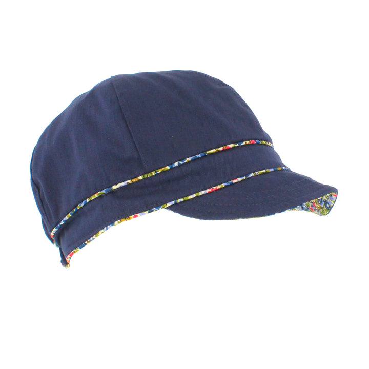Ladies Cotton Sun Cap With Floral Printed Trim In Navy