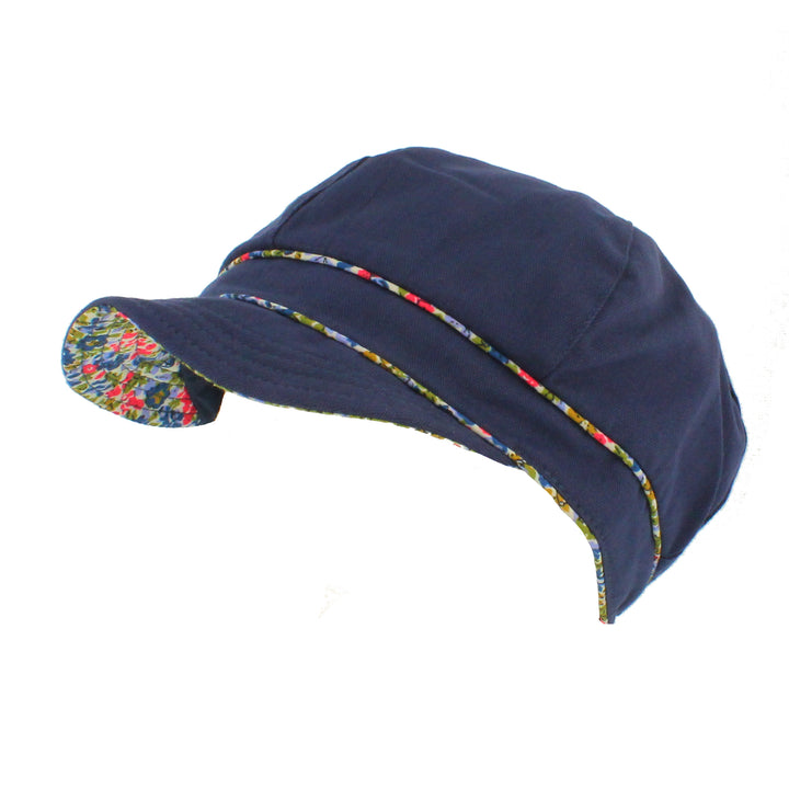 Ladies Cotton Sun Cap With Floral Printed Trim In Navy
