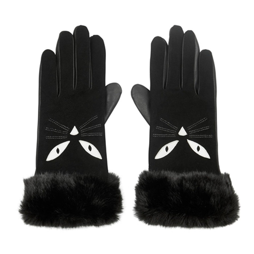 Black Leather Cat Gloves with Faux Fur Trim From Alice Hannah