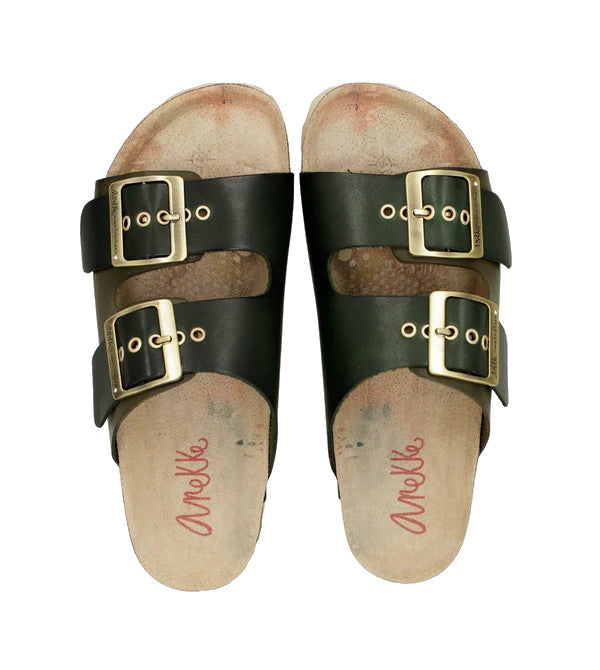 Anekke Black and Olive Leather Bio Buckle Sandals