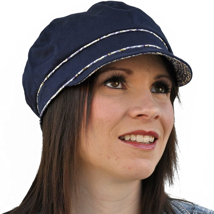 Ladies Cotton Sun Cap With Floral Printed Trim In Navy
