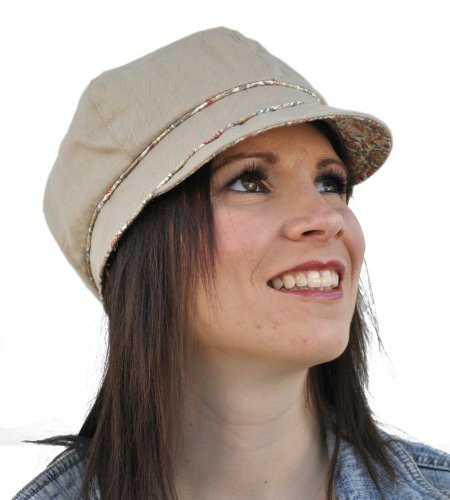Ladies Cotton Sun Cap With Floral Printed Trim In Stone