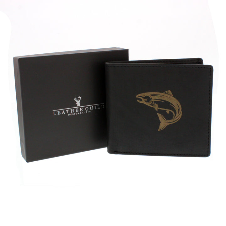 Leather Guild Black Leather Leaping Salmon Engraved Wallet