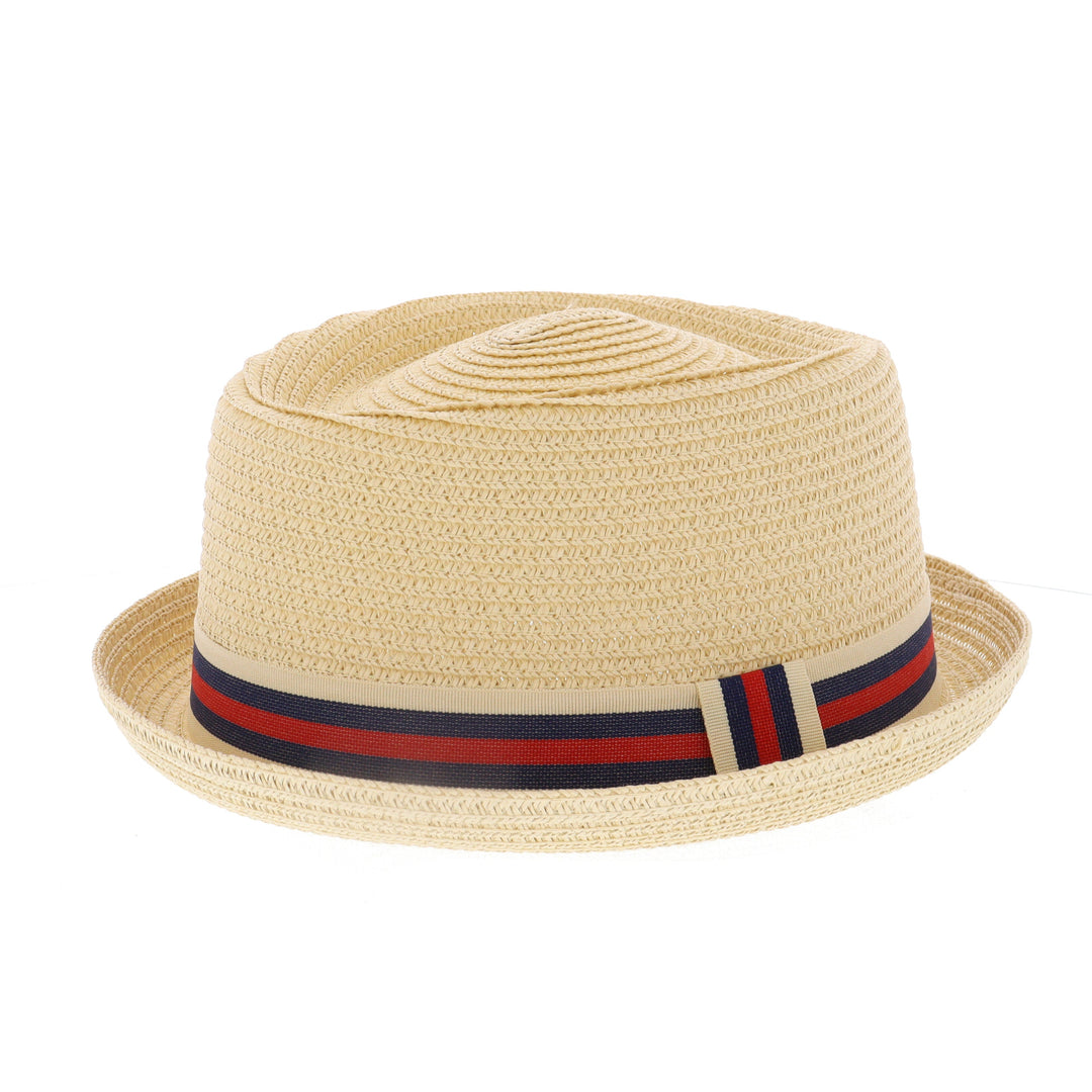 Summer Straw Pork Pie Hat With Red & Blue Striped Ribbon