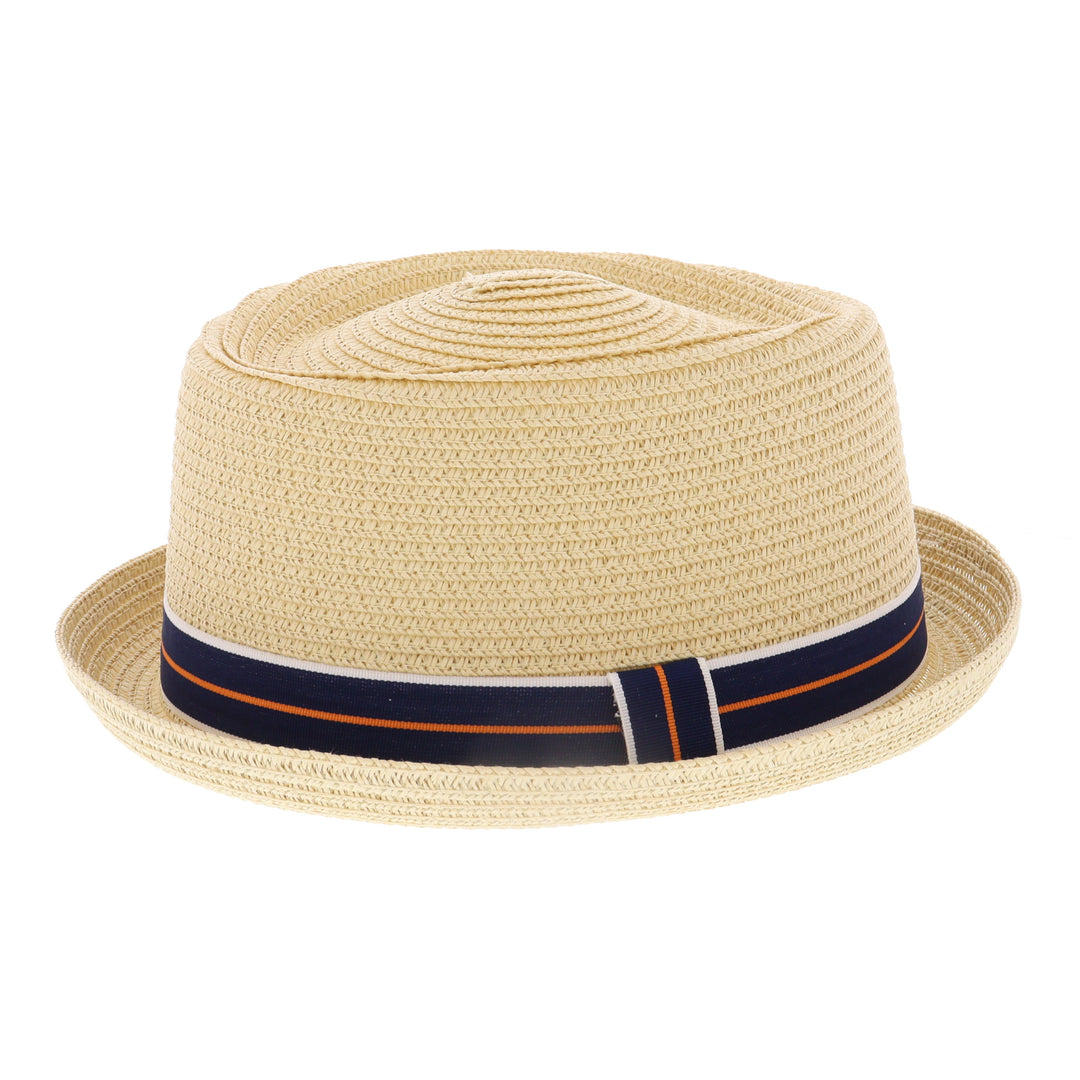Summer Straw Pork Pie Hat With Blue & Orange Striped Ribbon