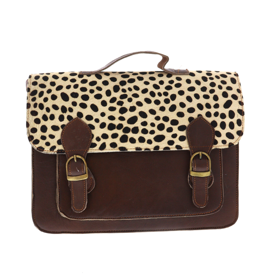 Recycled Leather Brown Briefcase With Animal Print