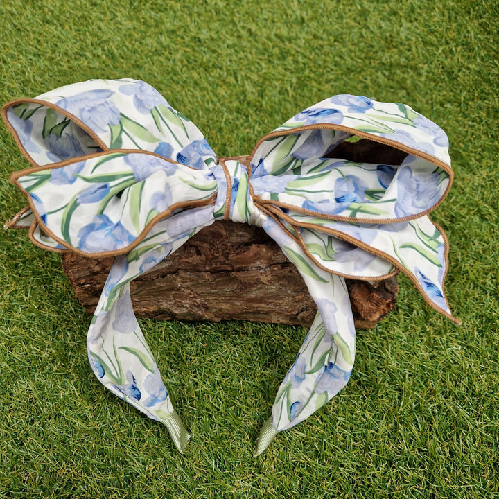 Women's Floral Print Wired Bow Headband Blue & Green Flowers