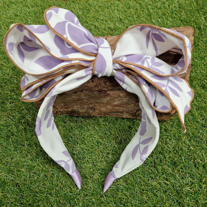 Women's Floral Print Wired Bow Headband White With Purple Flowers