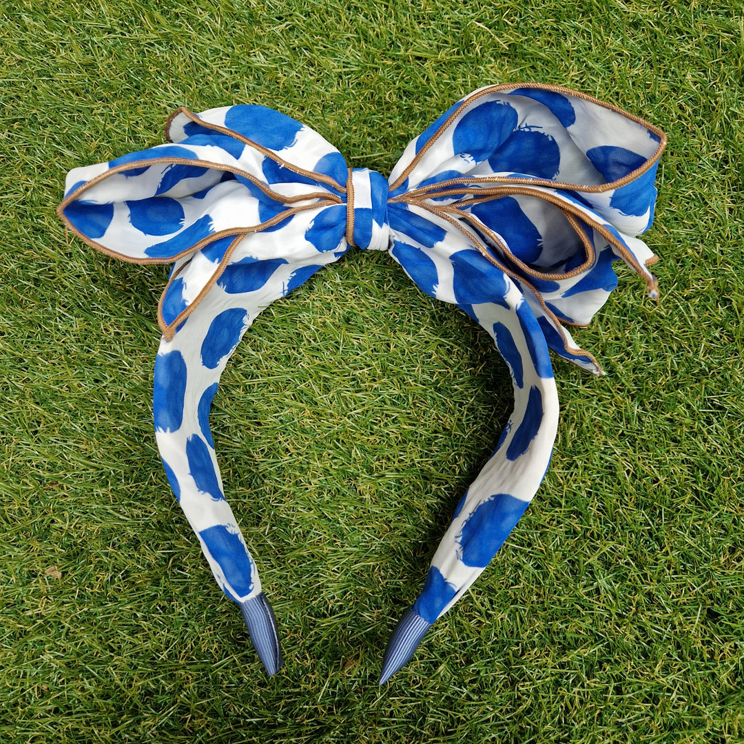 Women's Polka Dot Spotty Wired Bow Headband In White/Blue