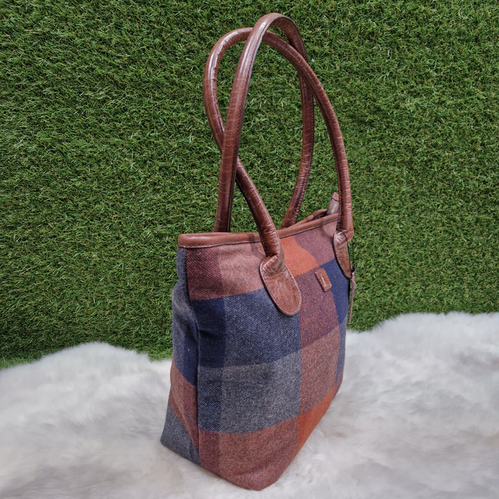 Wool Check & Leather Tote Handbag