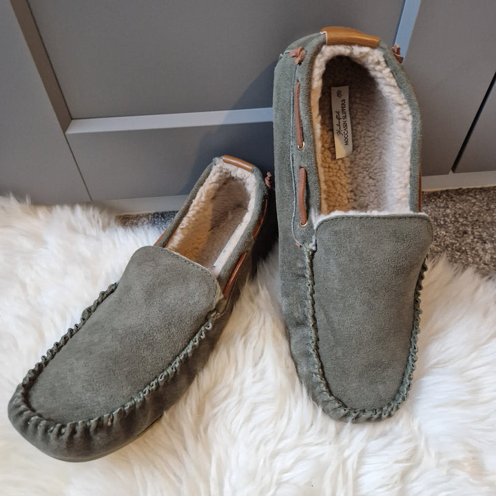 Men's Suede Moccasin Slippers In Olive