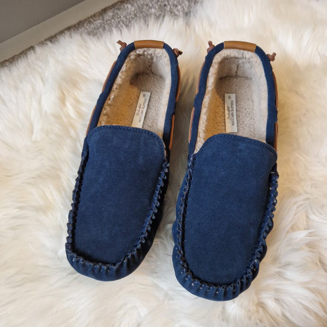 Men's Suede Moccasin Slippers In Navy