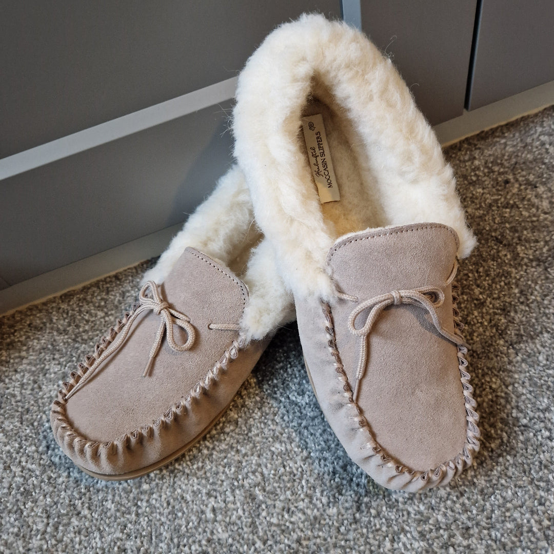 Women's Suede Wool Lined Moccasin Slippers In Stone