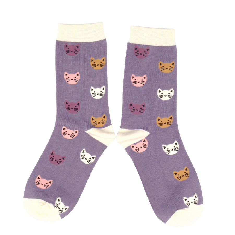 Miss Sparrow Bamboo Kitty Faces Socks (Lavender)