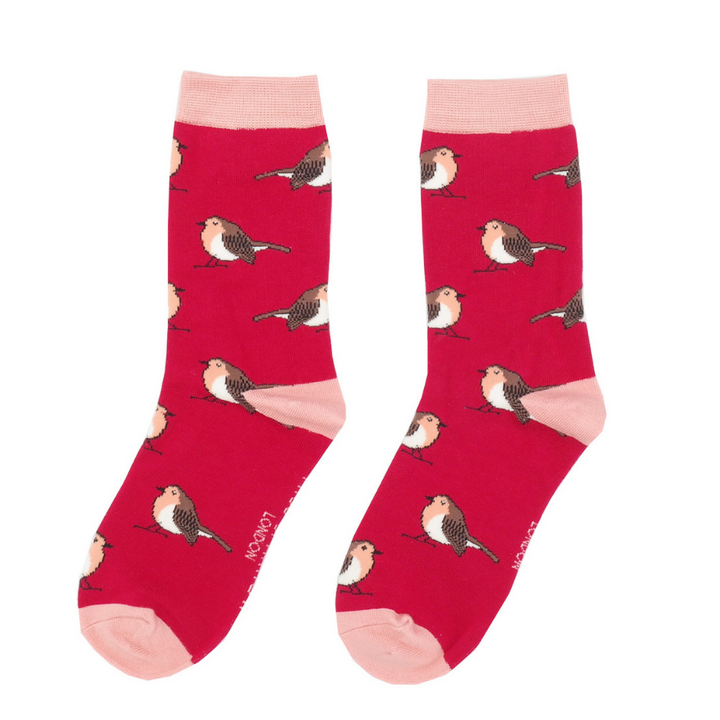 Miss Sparrow Bamboo Socks Robins (Red)