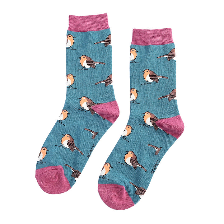 Miss Sparrow Bamboo Socks Robins In Teal