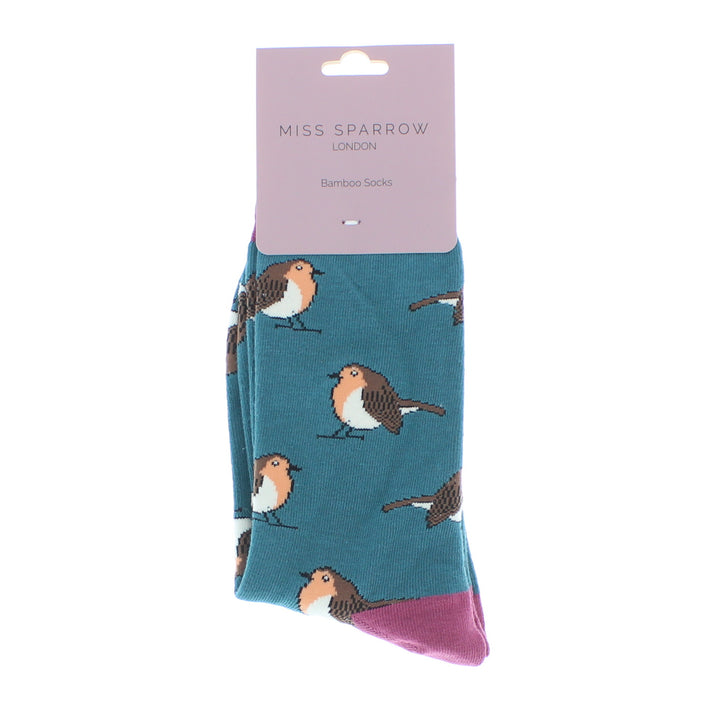 Miss Sparrow Bamboo Socks Robins In Teal