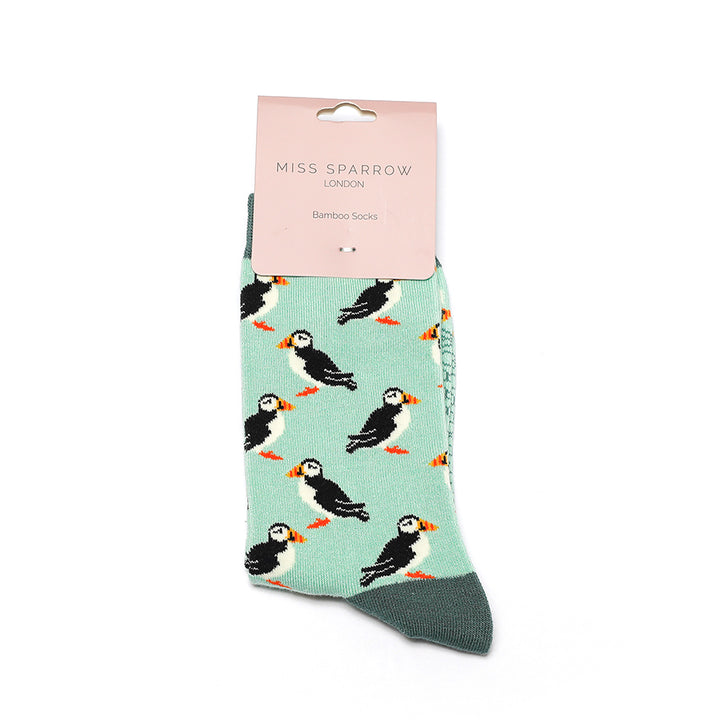 Miss Sparrow Bamboo Puffins Socks (Mint)