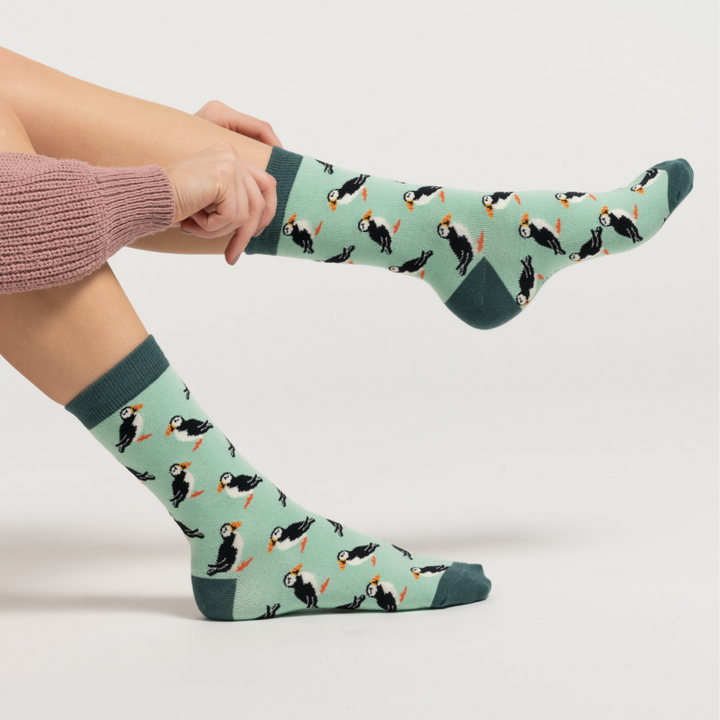 Miss Sparrow Bamboo Puffins Socks (Mint)