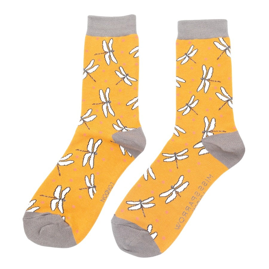 Miss Sparrow Bamboo Socks Dragonflies (Mustard)