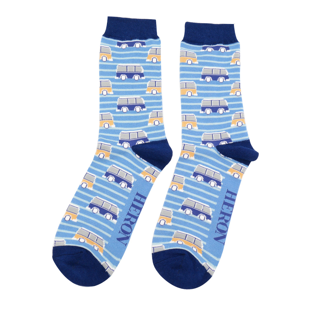 Mr Heron Mens Bamboo Campervans Socks In Denim