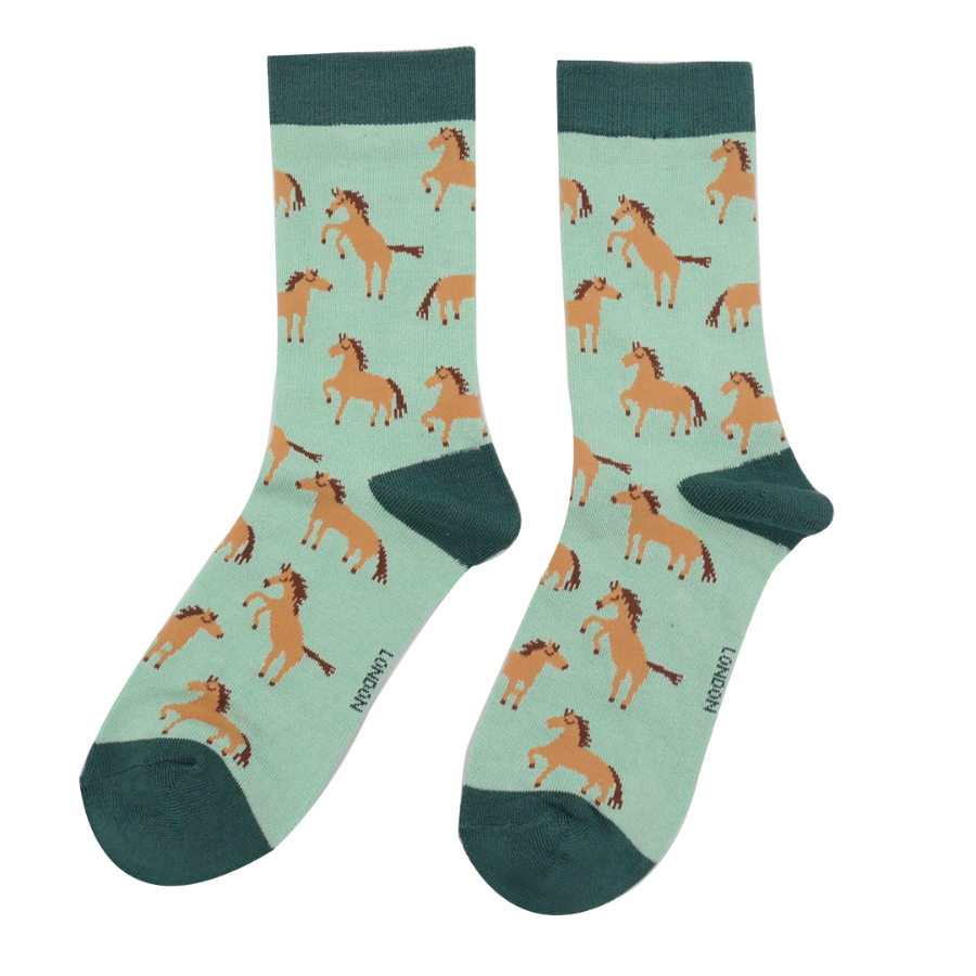 Miss Sparrow Bamboo Wild Horses Socks (Mint)