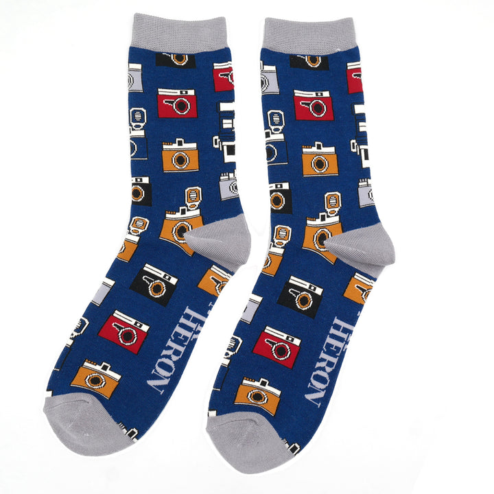 Mr Heron Mens Bamboo Retro Camera Socks (Navy)