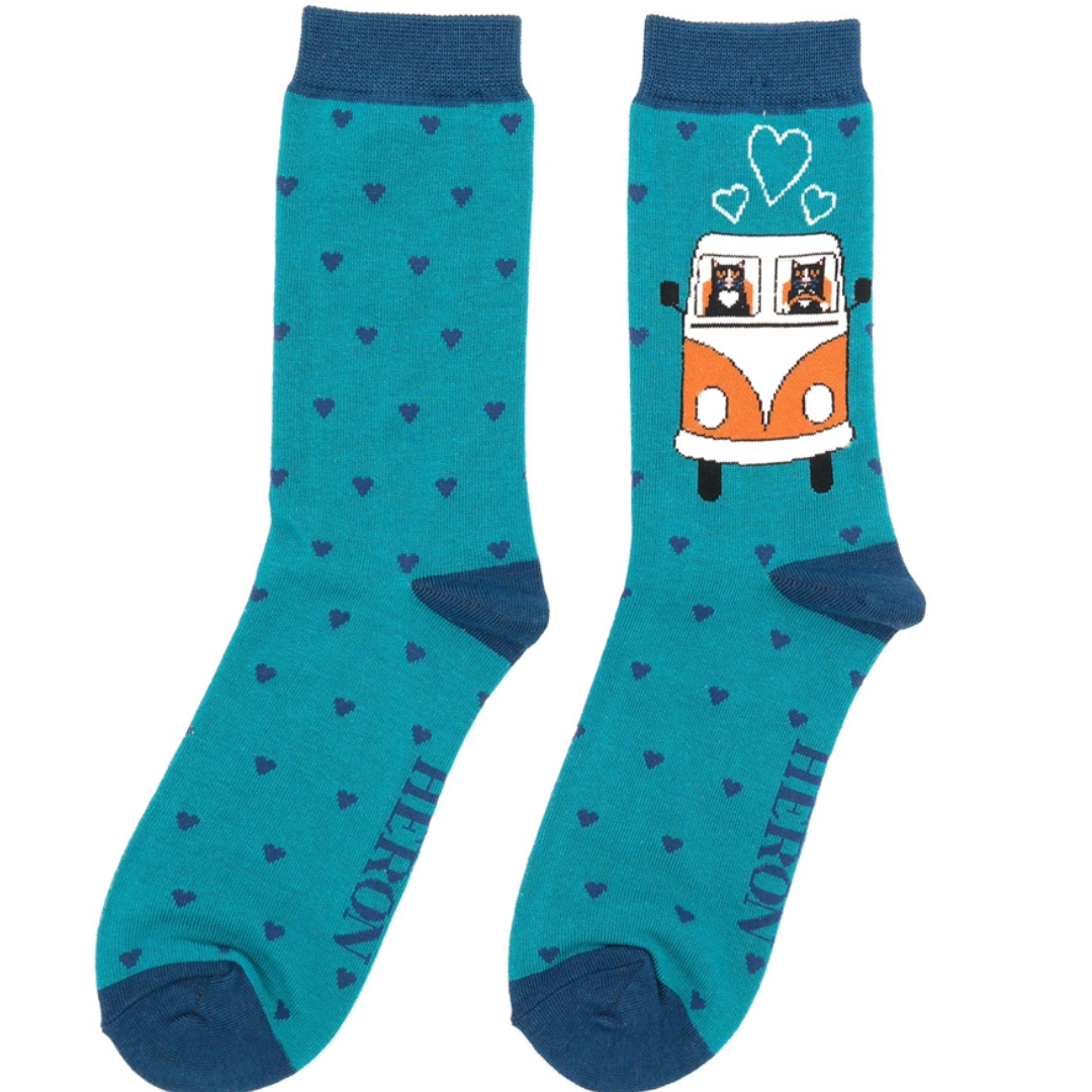 Mr Heron Mens Bamboo Road Trip Cat Socks (Teal)