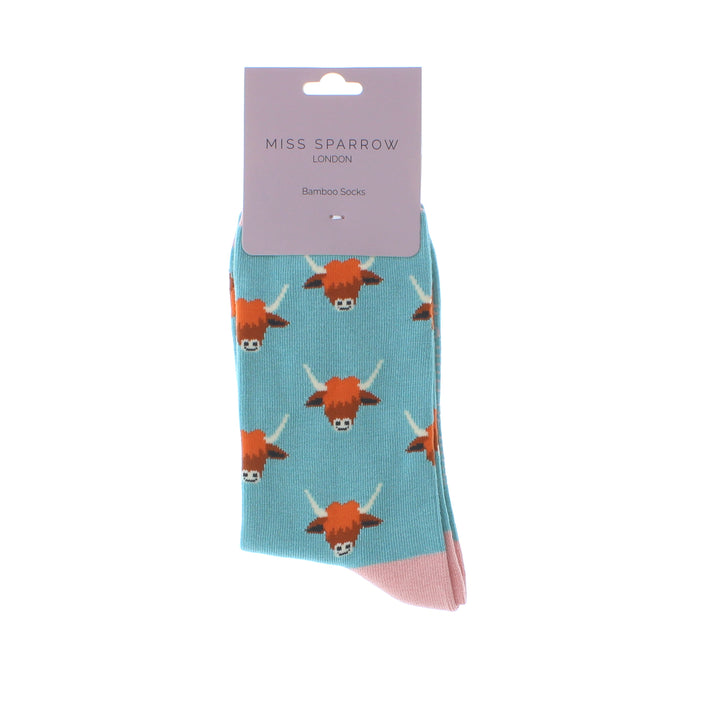 Miss Sparrow Bamboo Socks Highland Cows (Duck Egg)